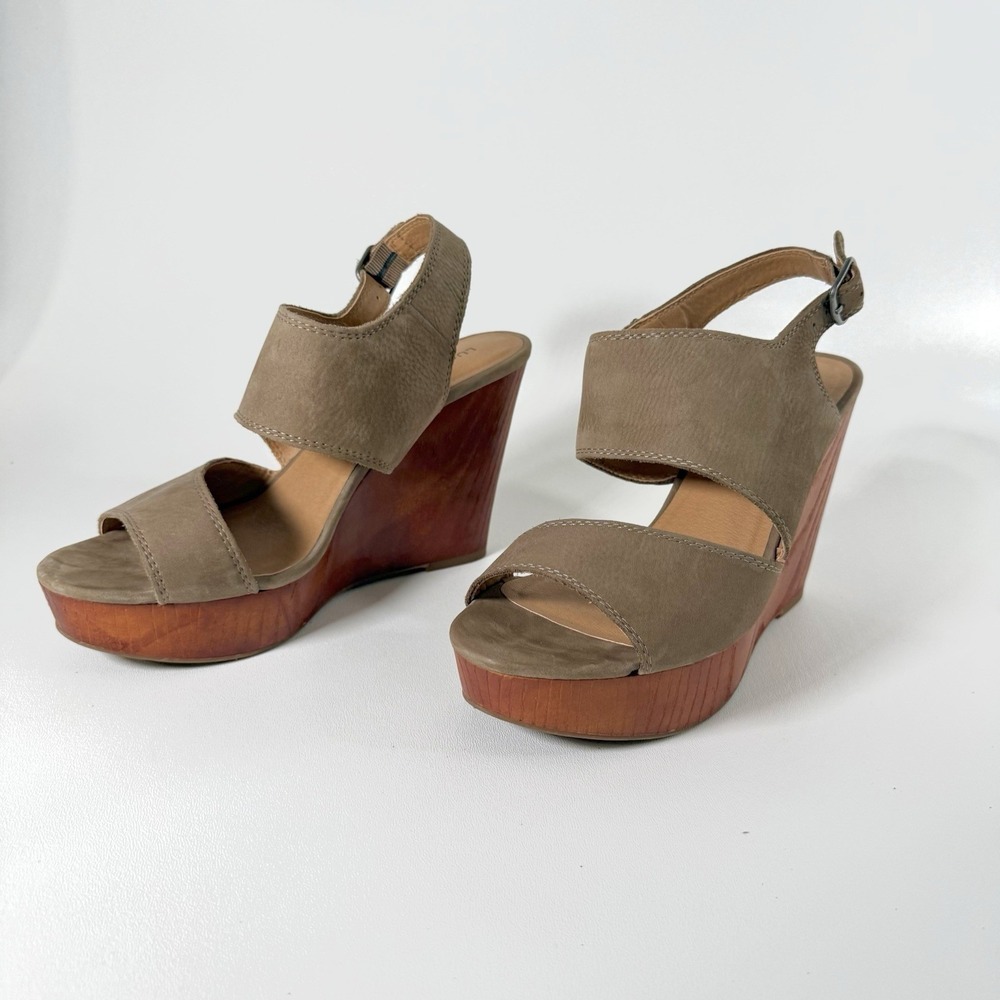 Lucky Brand Lattela Platform Sandal Wooden Wedge Heel Cut Out Taupe Women's 9.5M - Picture 3 of 10